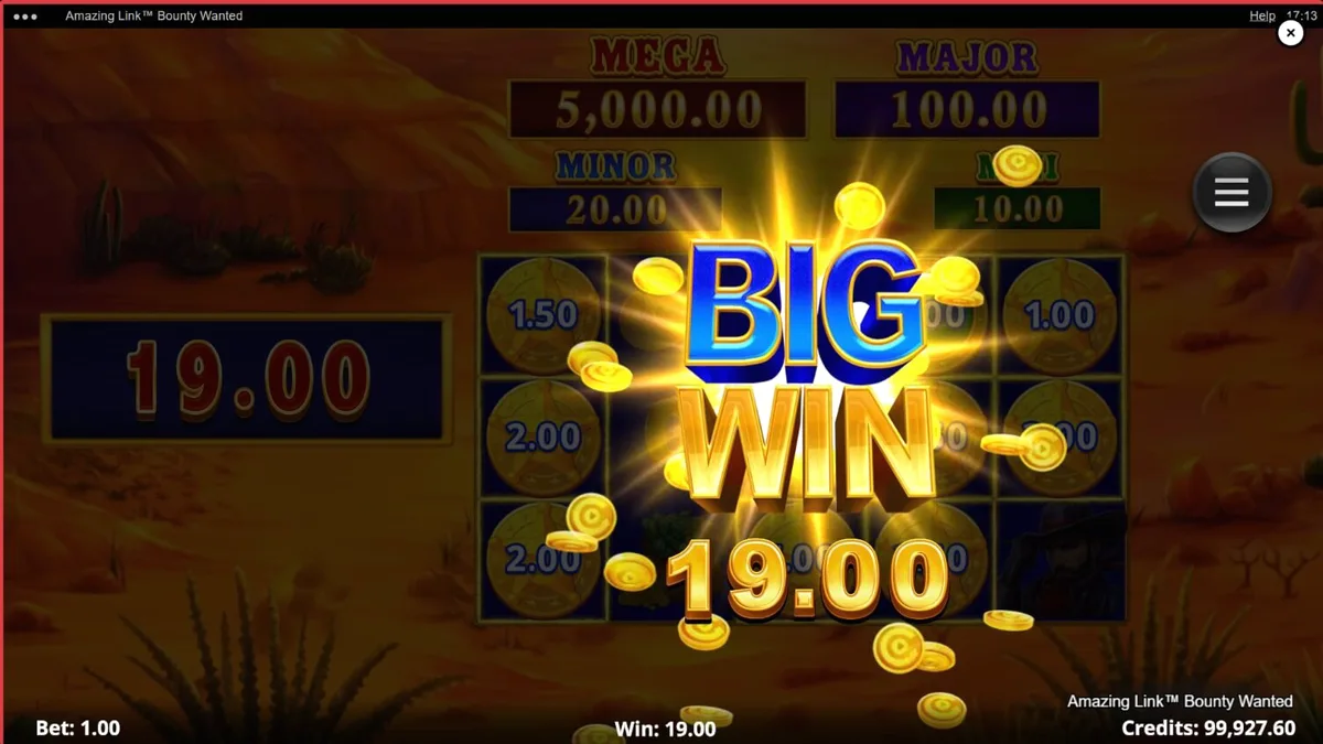 Tampilan visual slot Amazing Link Bounty Wanted dengan latar belakang gurun dan simbol koboi.