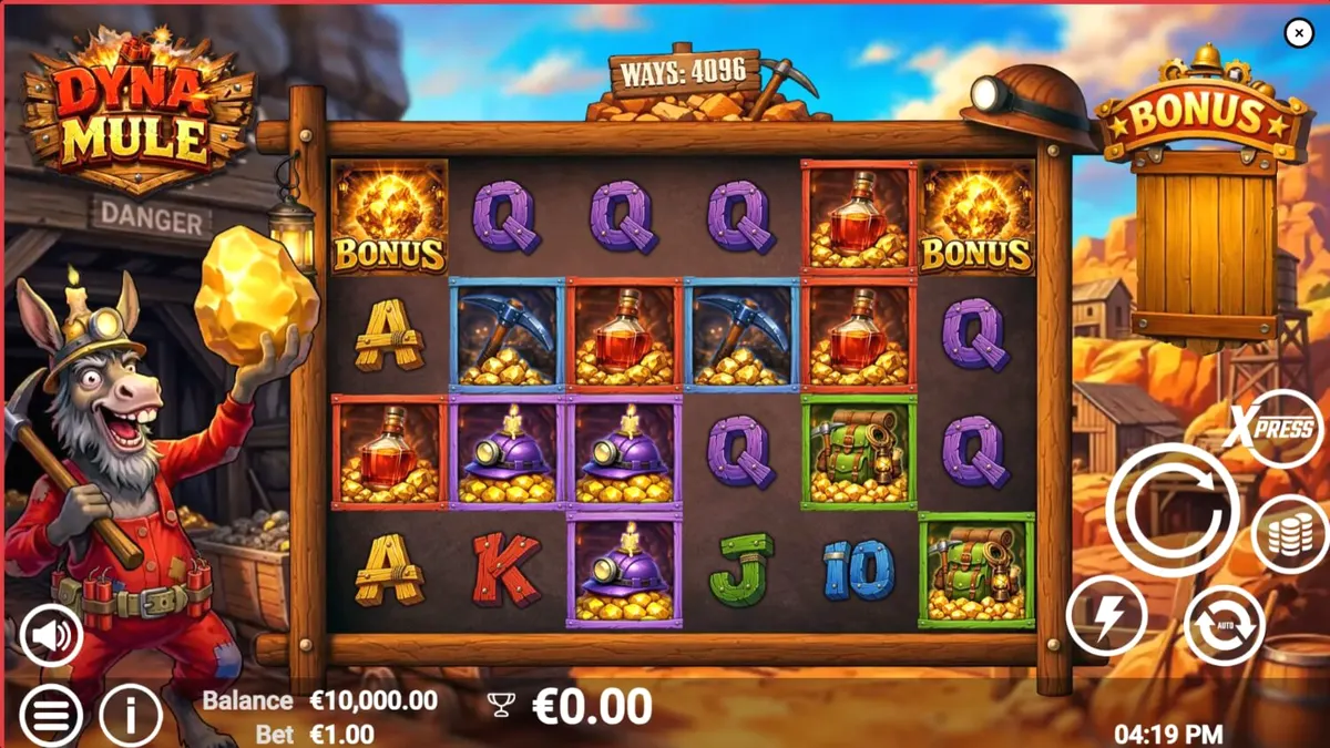 Tampilan visual slot Dyna Mule dengan tema pertambangan dan simbol mekanis