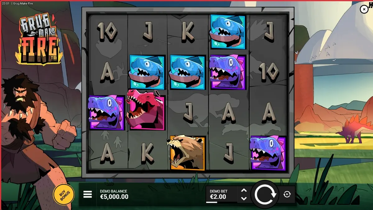 Tampilan visual slot Grug Make Fire dengan tema manusia gua dan api